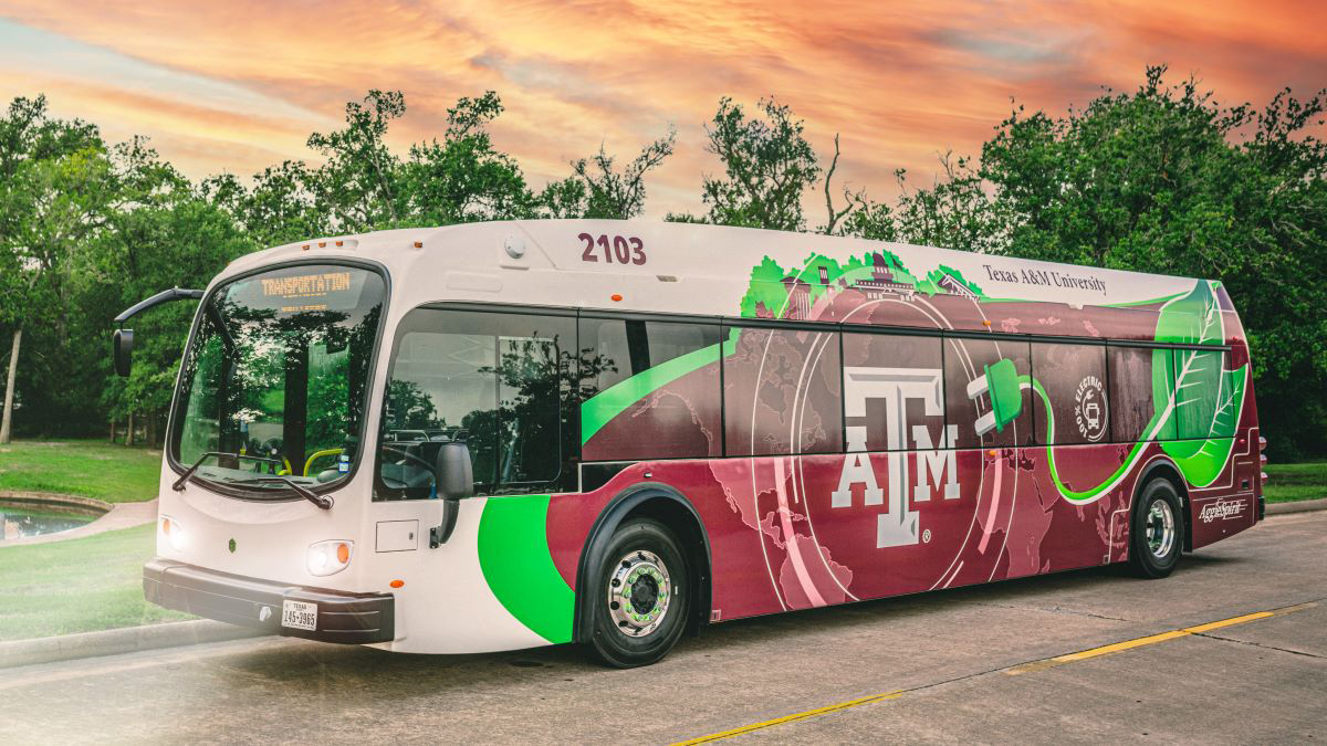 electric bus parked on campus